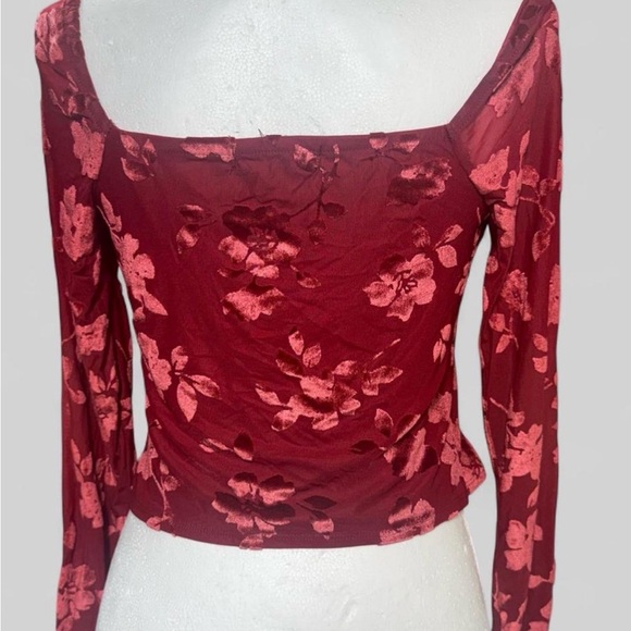 NYC Red Floral Velvet Burnout Long Sleeve Crop Top - Picture 3 of 5